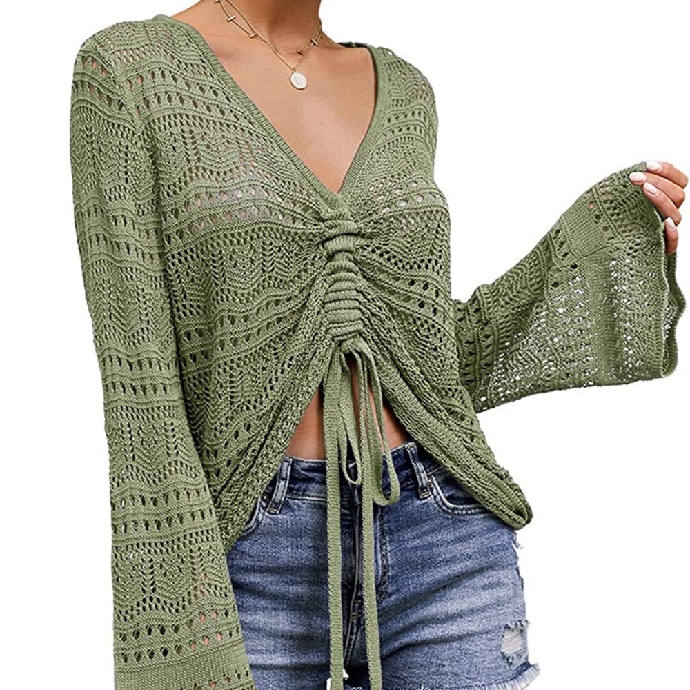 Flowy Green Bell sleeve Sweater - Picture 1 of 8